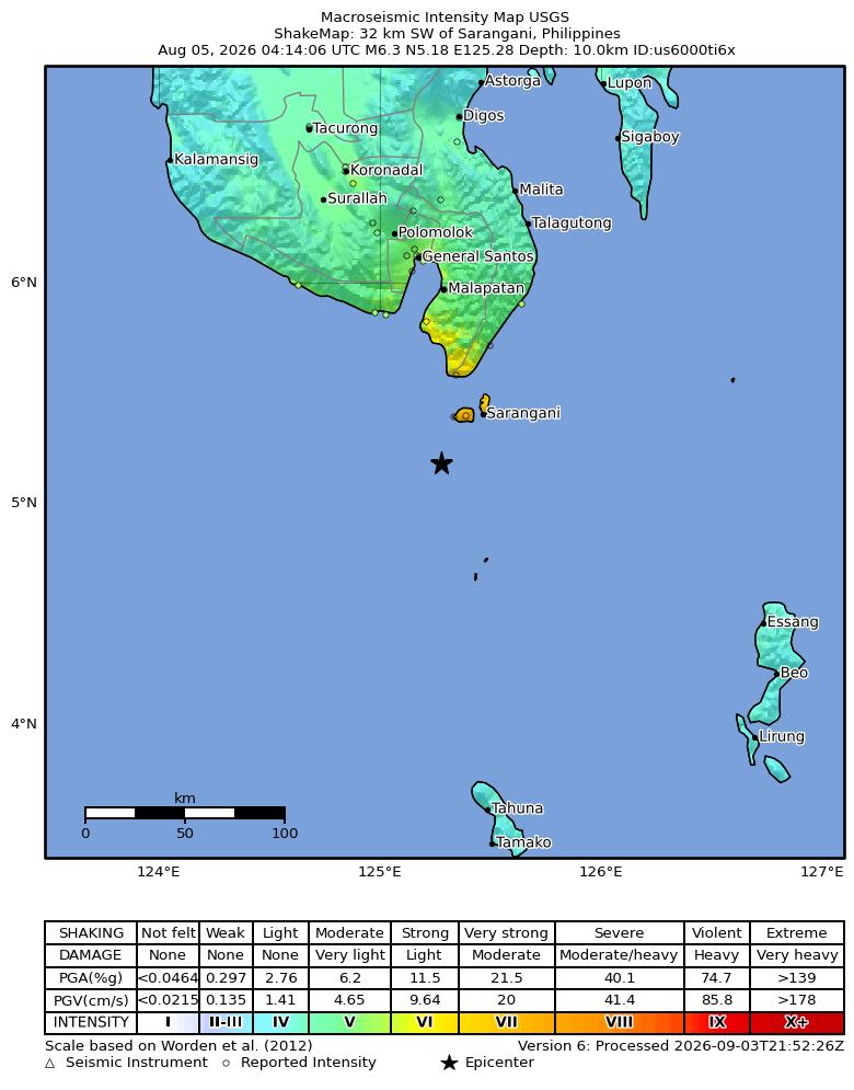 USGS ShakeMap: estimated shaking intensity around the epicenter