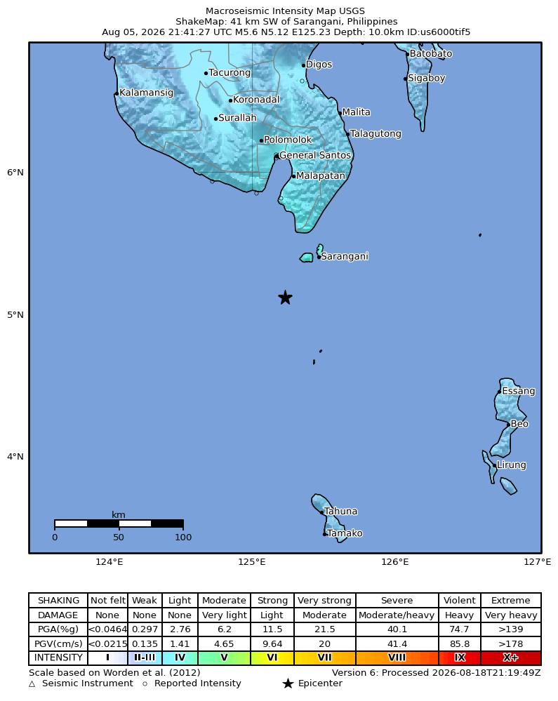 USGS ShakeMap: estimated shaking intensity around the epicenter