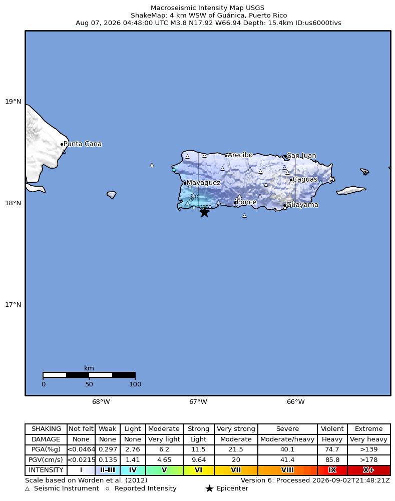 USGS ShakeMap intensity contours for the M3.6 earthquake near 4 km WSW of Guánica, Puerto Rico