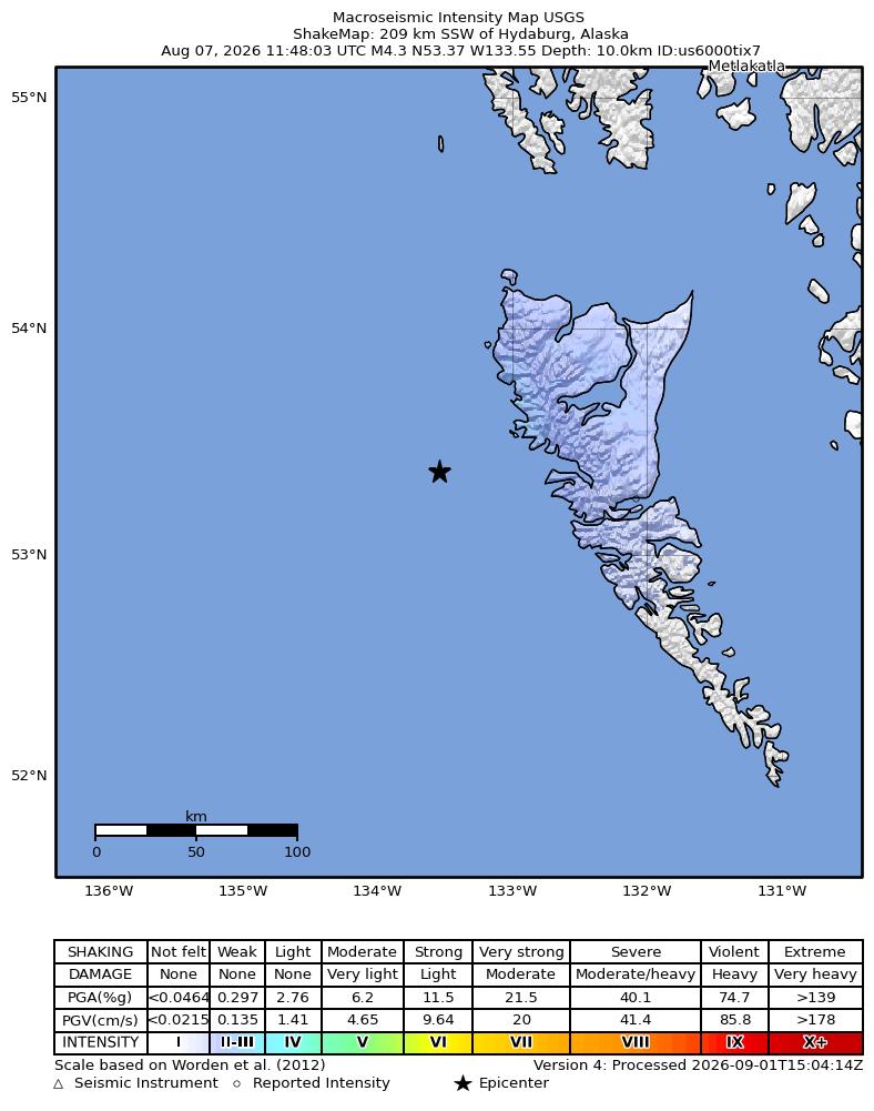 USGS ShakeMap intensity contours for the M4.3 earthquake near 209 km SSW of Hydaburg, Alaska