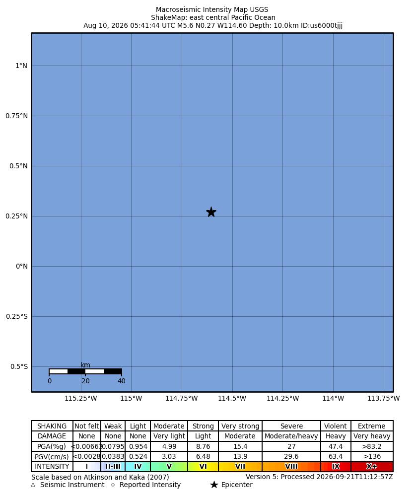 USGS ShakeMap intensity contours for the M5.6 earthquake near east central Pacific Ocean