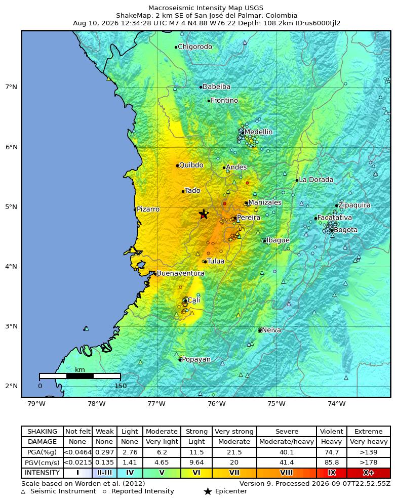 USGS ShakeMap intensity contours for the M7.4 earthquake near 2 km SE of San José del Palmar, Colombia