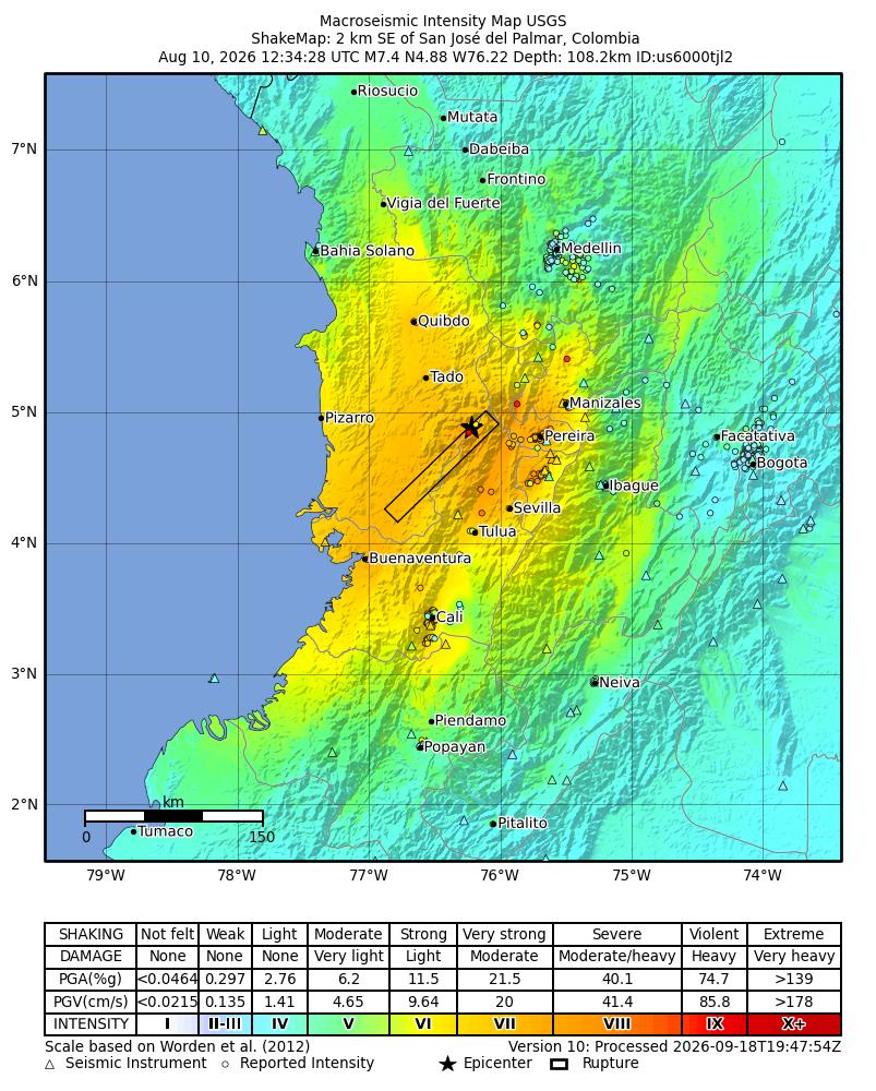 USGS ShakeMap intensity contours for the M7.4 earthquake near 2 km SE of San José del Palmar, Colombia