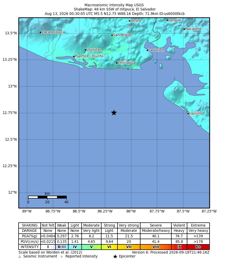 USGS ShakeMap intensity contours for the M5.5 earthquake near 50 km SSW of Intipucá, El Salvador