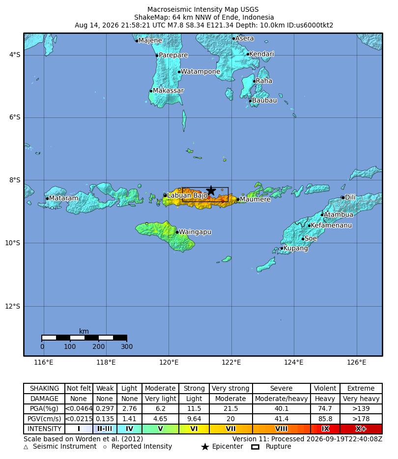 USGS ShakeMap: estimated shaking intensity around the epicenter