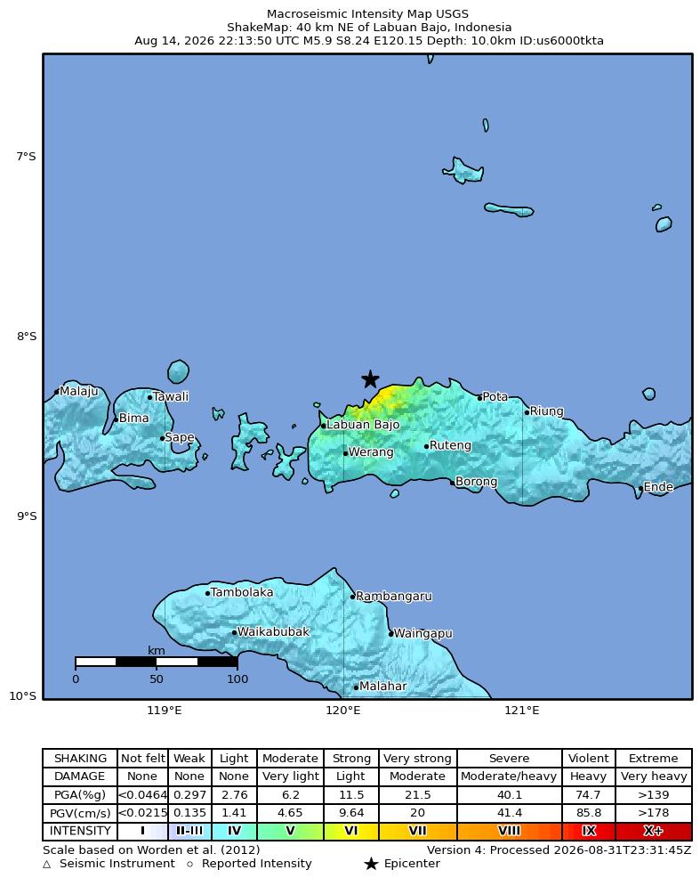 USGS ShakeMap intensity contours for the M5.9 earthquake near 40 km NE of Labuan Bajo, Indonesia