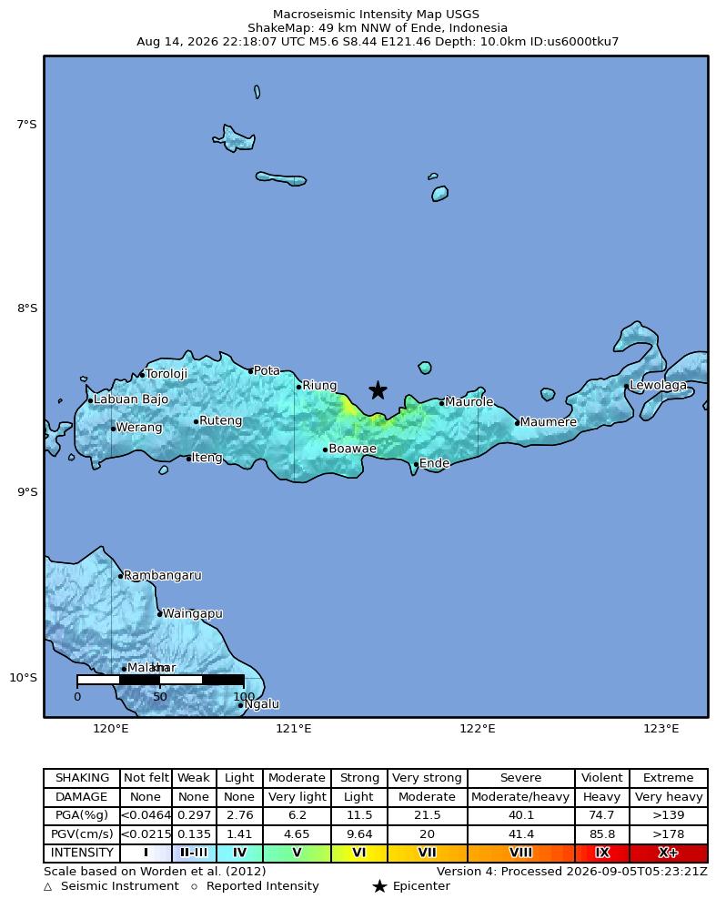 USGS ShakeMap intensity contours for the M5.6 earthquake near 49 km NNW of Ende, Indonesia