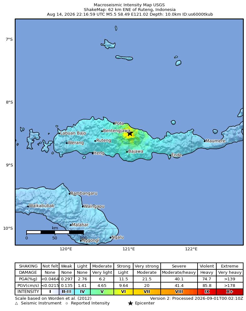 USGS ShakeMap: estimated shaking intensity around the epicenter