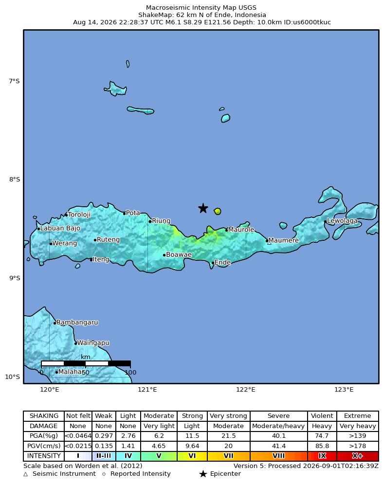 USGS ShakeMap: estimated shaking intensity around the epicenter