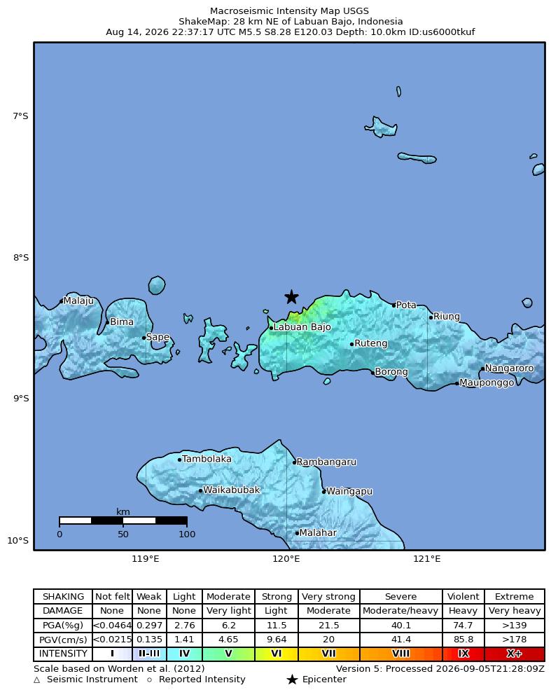 USGS ShakeMap intensity contours for the M5.5 earthquake near 28 km NE of Labuan Bajo, Indonesia