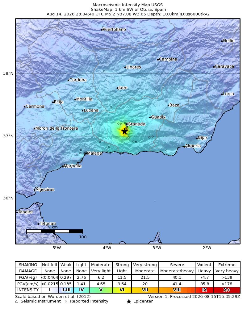 USGS ShakeMap intensity contours for the M5.2 earthquake near 1 km W of Alhendín, Spain