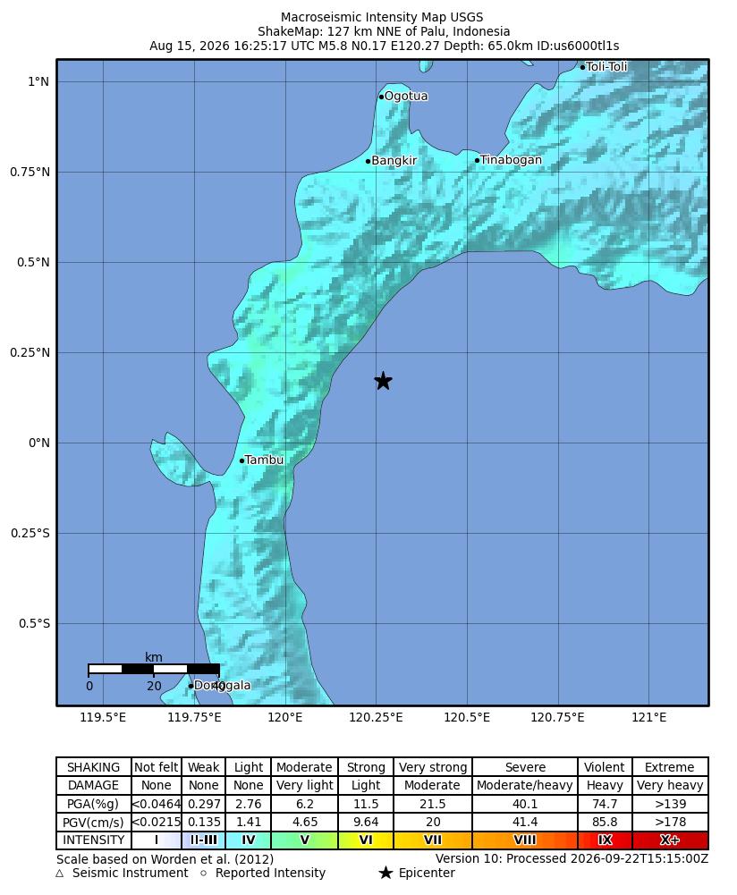 USGS ShakeMap intensity contours for the M5.8 earthquake near 127 km NNE of Palu, Indonesia