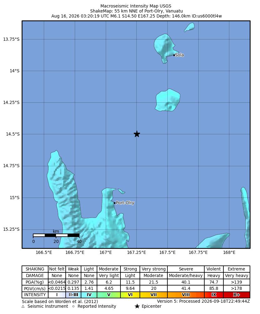 USGS ShakeMap intensity contours for the M6.1 earthquake near 63 km NNE of Port-Olry, Vanuatu
