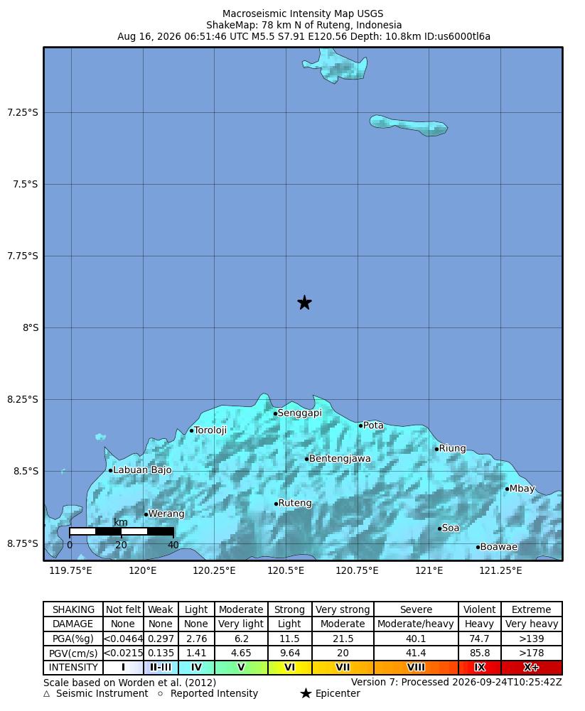 USGS ShakeMap: estimated shaking intensity around the epicenter
