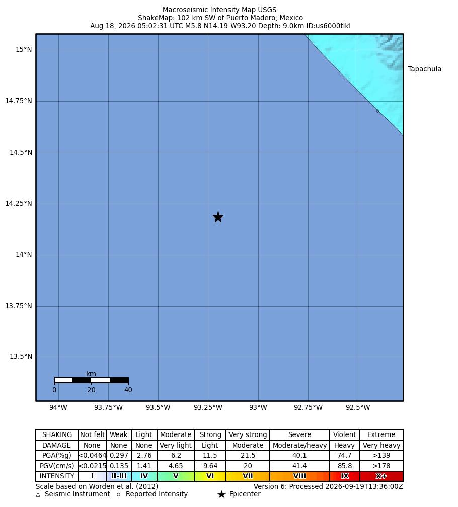 USGS ShakeMap intensity contours for the M5.8 earthquake near 102 km SW of Puerto Madero, Mexico