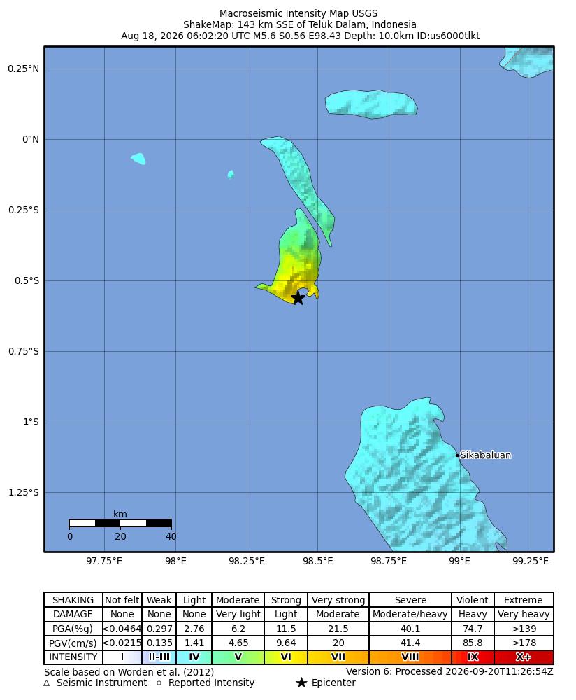 USGS ShakeMap intensity contours for the M5.6 earthquake near 143 km SSE of Teluk Dalam, Indonesia