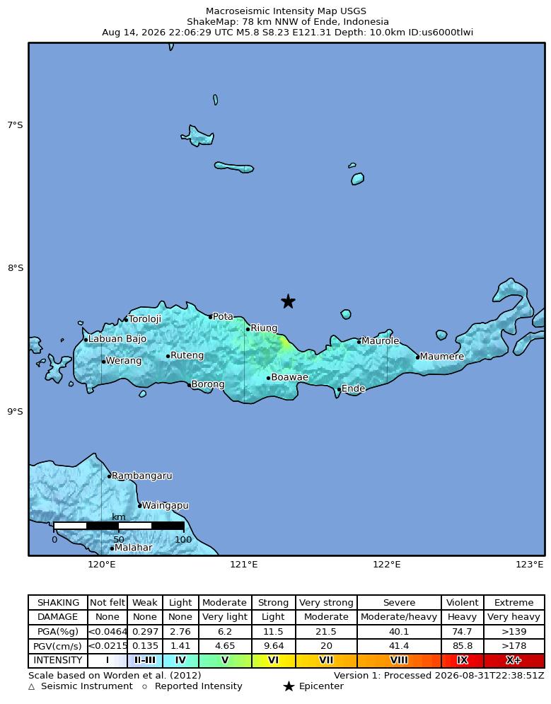 USGS ShakeMap intensity contours for the M5.8 earthquake near 78 km NNW of Ende, Indonesia