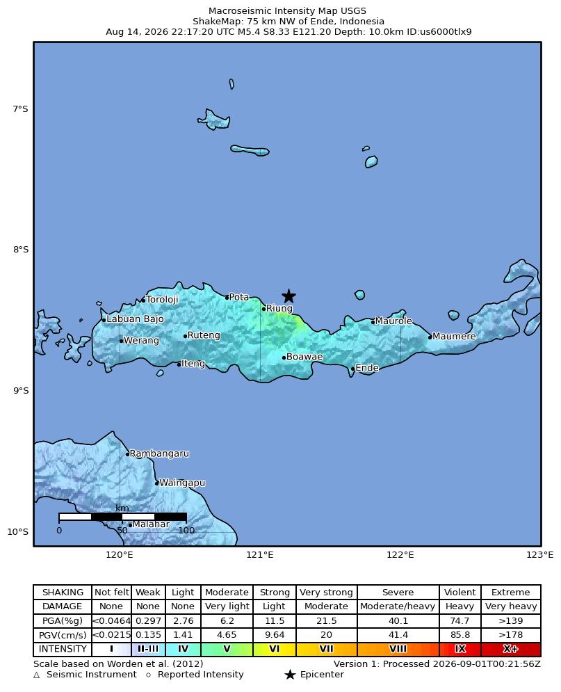 USGS ShakeMap intensity contours for the M5.4 earthquake near 75 km NW of Ende, Indonesia