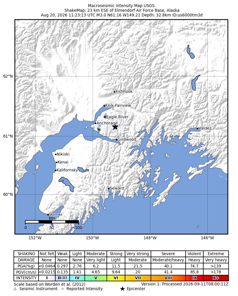 M3.0 Earthquake Elmendorf Air Force Base, Alaska — August 20, 2026 | 34 ...