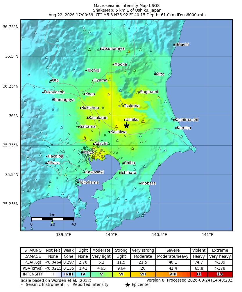 USGS ShakeMap: estimated shaking intensity around the epicenter