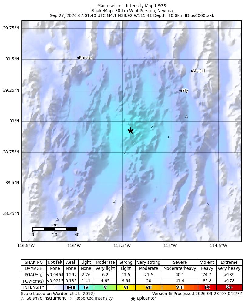 USGS ShakeMap: estimated shaking intensity around the epicenter