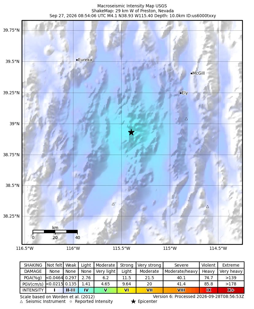 USGS ShakeMap: estimated shaking intensity around the epicenter