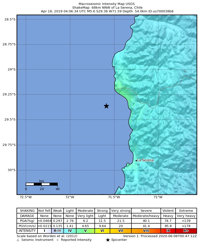 USGS ShakeMap: estimated shaking intensity around the epicenter