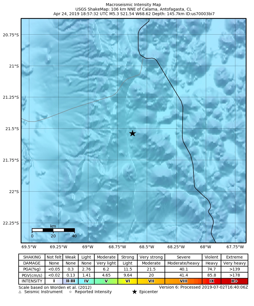 USGS ShakeMap: estimated shaking intensity around the epicenter