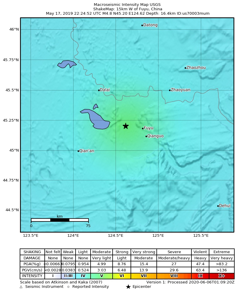 USGS ShakeMap: estimated shaking intensity around the epicenter