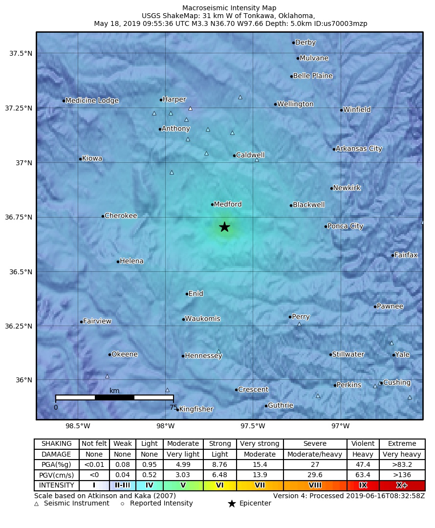 USGS ShakeMap: estimated shaking intensity around the epicenter