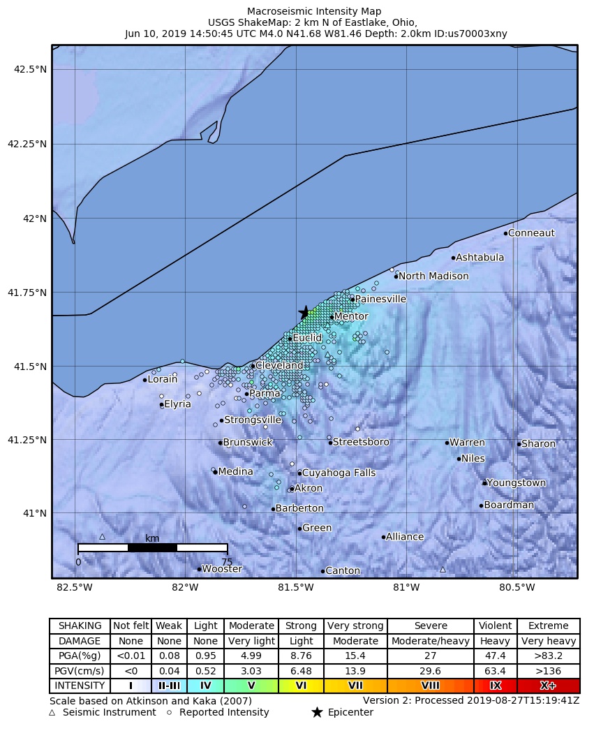 USGS ShakeMap: estimated shaking intensity around the epicenter