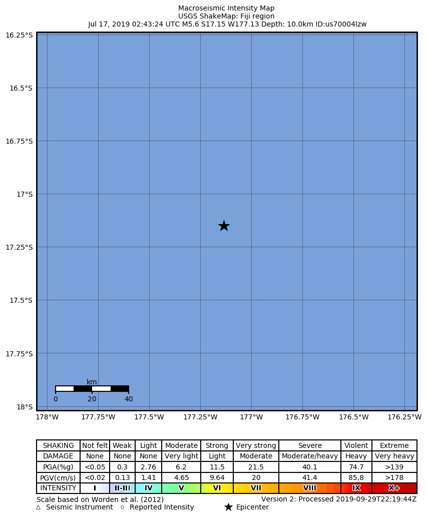 USGS ShakeMap: estimated shaking intensity around the epicenter