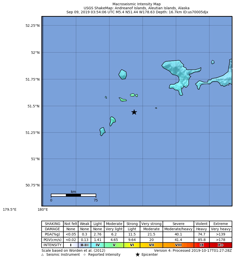 USGS ShakeMap: estimated shaking intensity around the epicenter