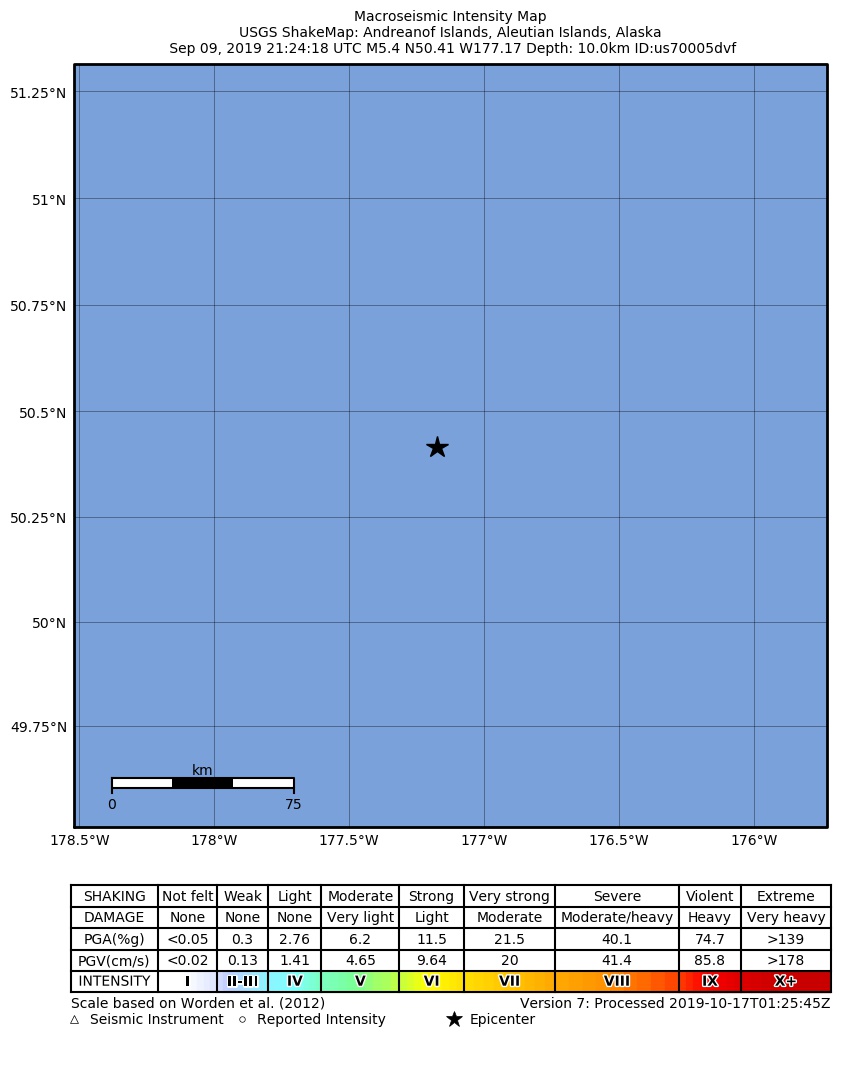 USGS ShakeMap: estimated shaking intensity around the epicenter