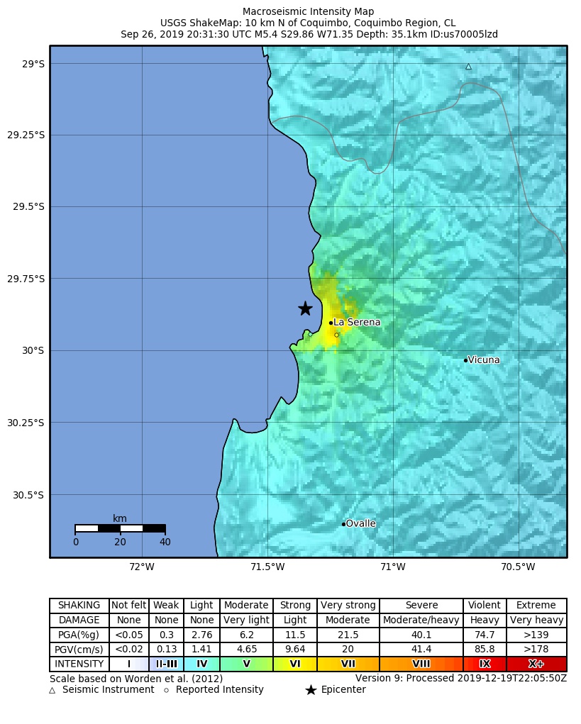 USGS ShakeMap: estimated shaking intensity around the epicenter