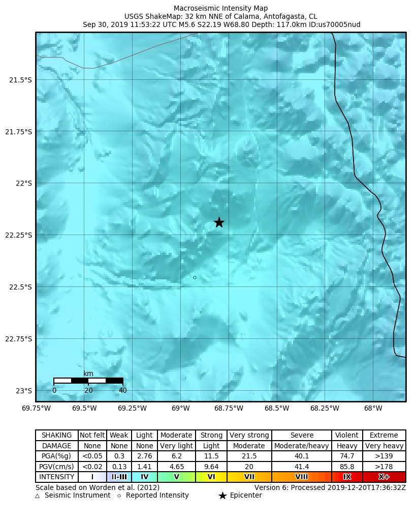 USGS ShakeMap: estimated shaking intensity around the epicenter
