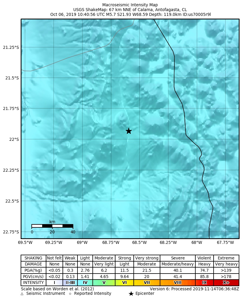 USGS ShakeMap: estimated shaking intensity around the epicenter