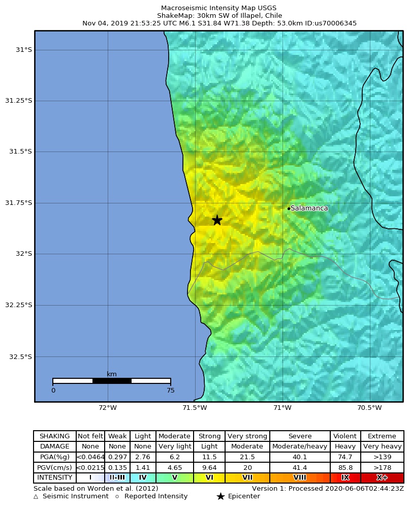 USGS ShakeMap: estimated shaking intensity around the epicenter