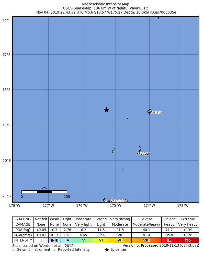 USGS ShakeMap: estimated shaking intensity around the epicenter