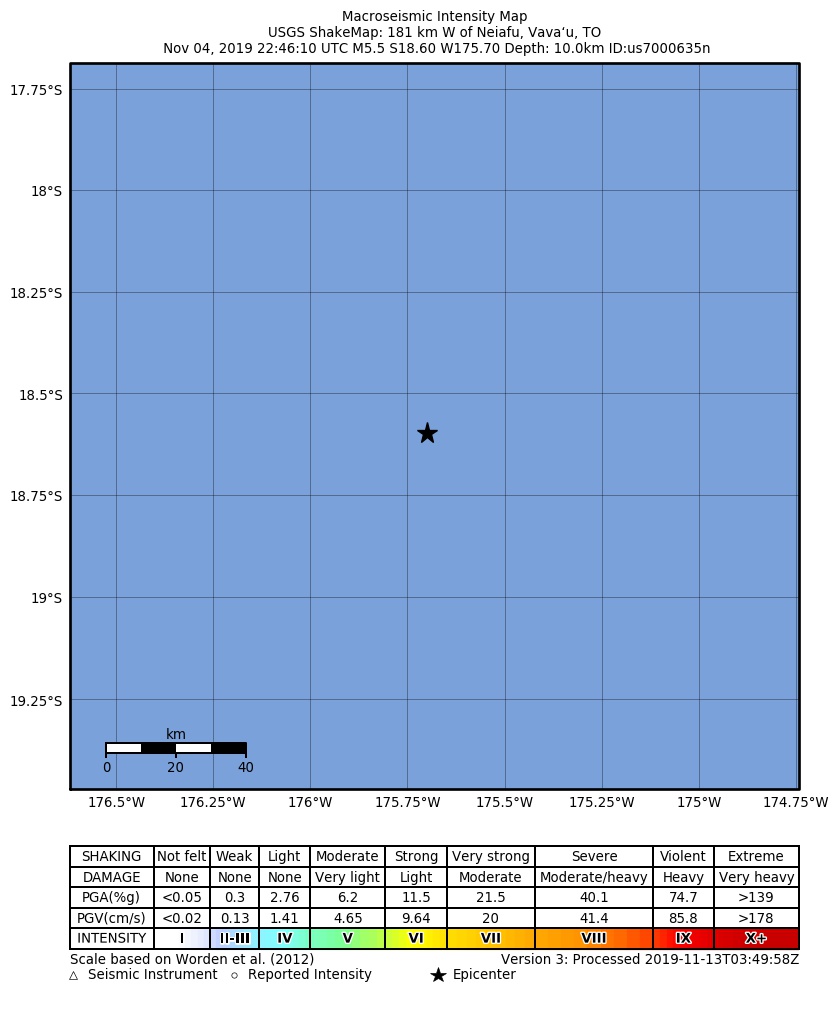 USGS ShakeMap: estimated shaking intensity around the epicenter