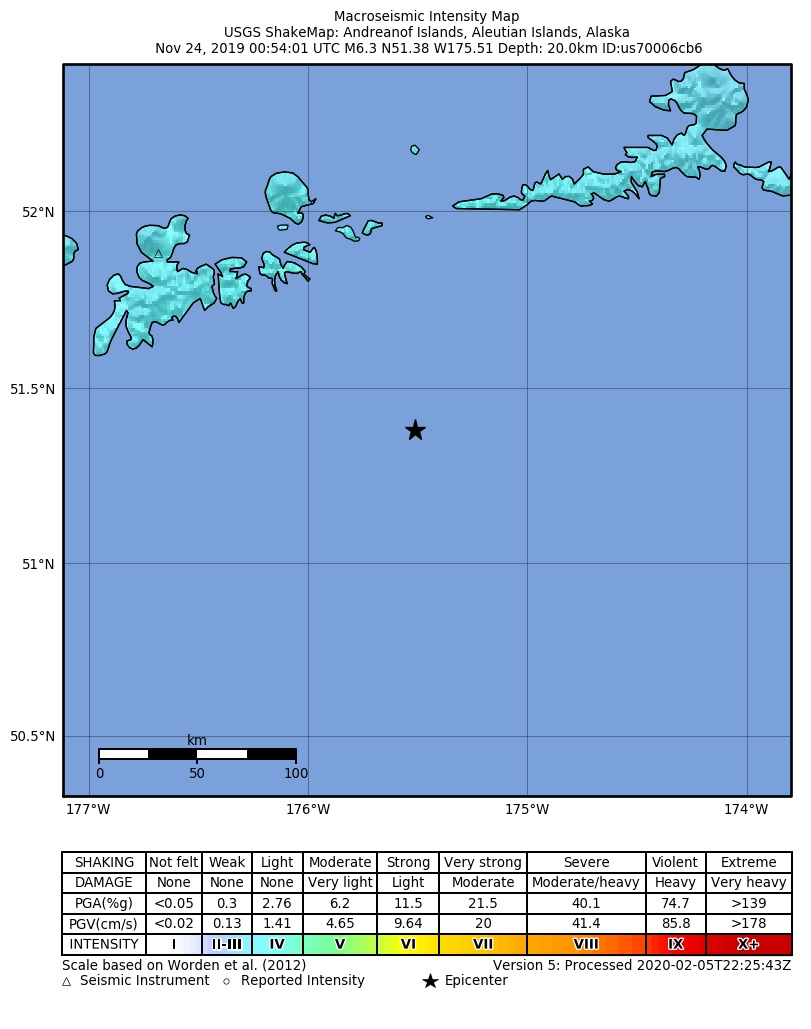USGS ShakeMap: estimated shaking intensity around the epicenter