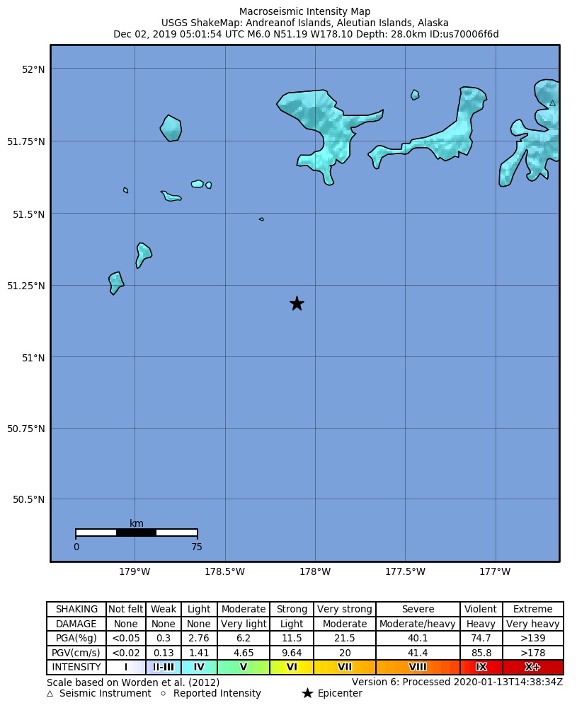 USGS ShakeMap: estimated shaking intensity around the epicenter