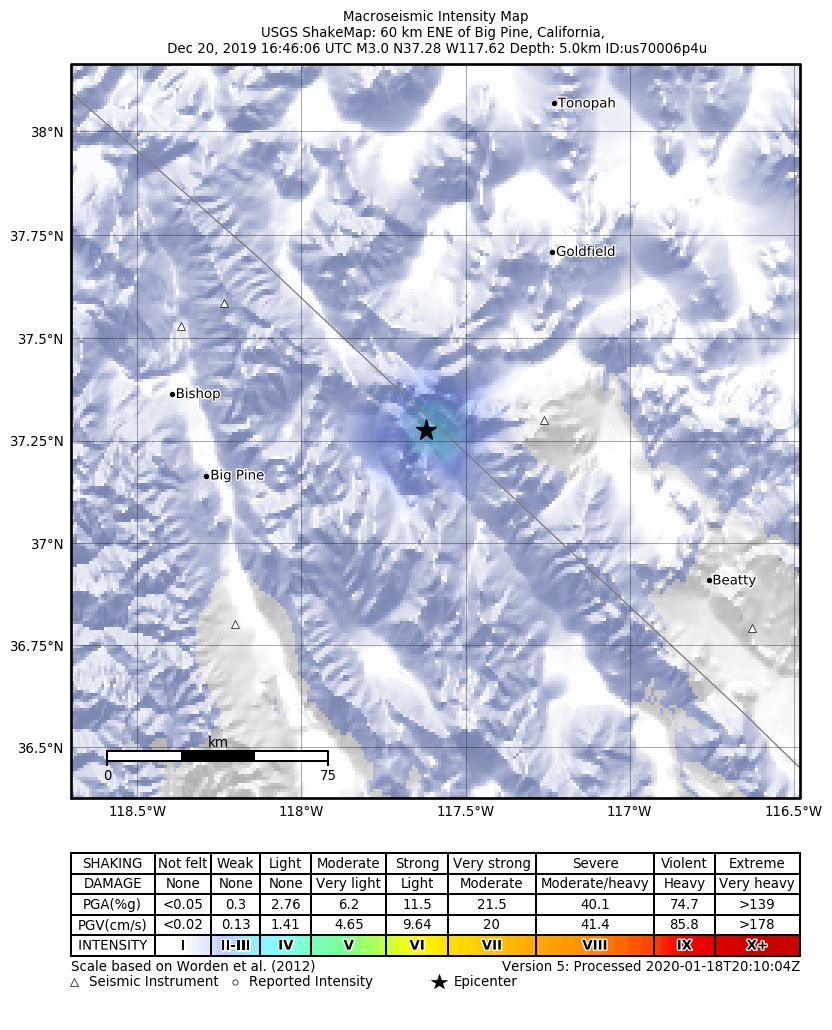 USGS ShakeMap: estimated shaking intensity around the epicenter