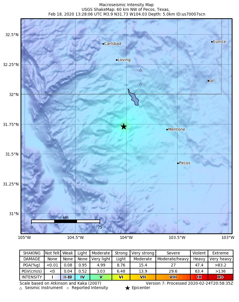 USGS ShakeMap: estimated shaking intensity around the epicenter