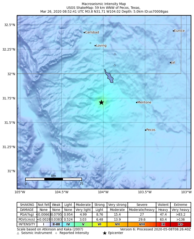 USGS ShakeMap: estimated shaking intensity around the epicenter