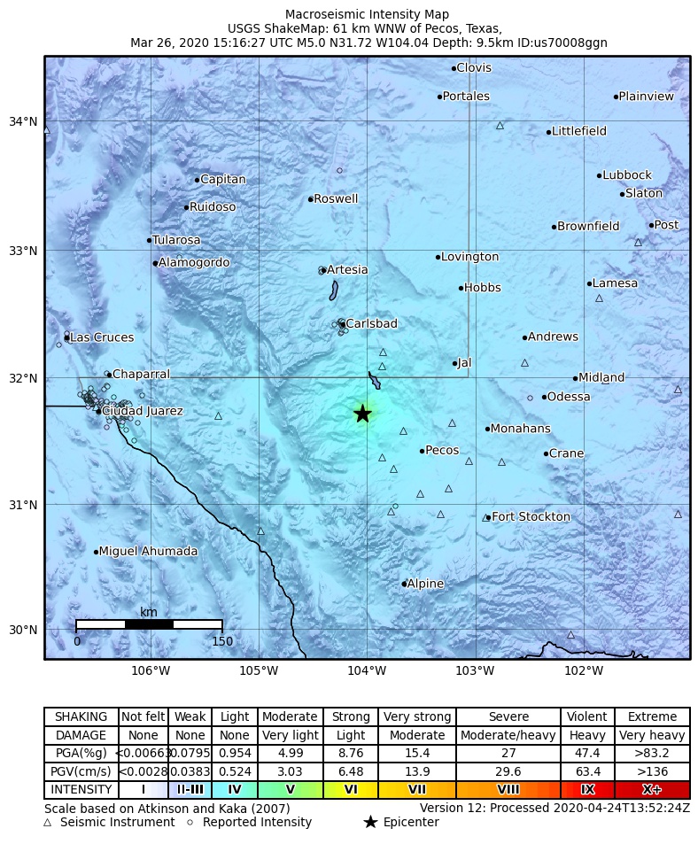 USGS ShakeMap: estimated shaking intensity around the epicenter
