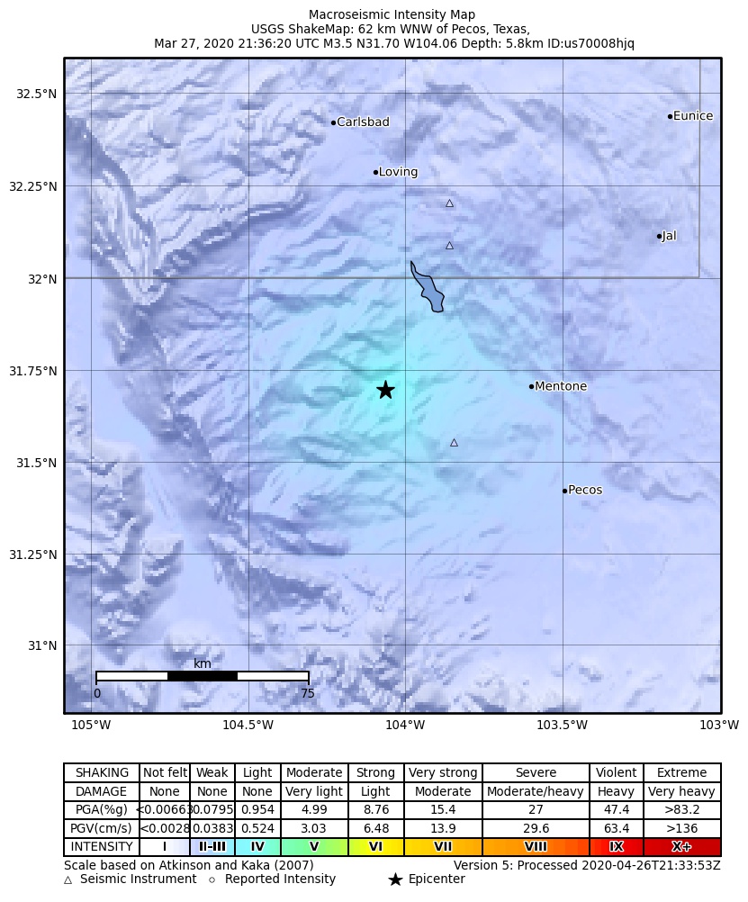 USGS ShakeMap: estimated shaking intensity around the epicenter