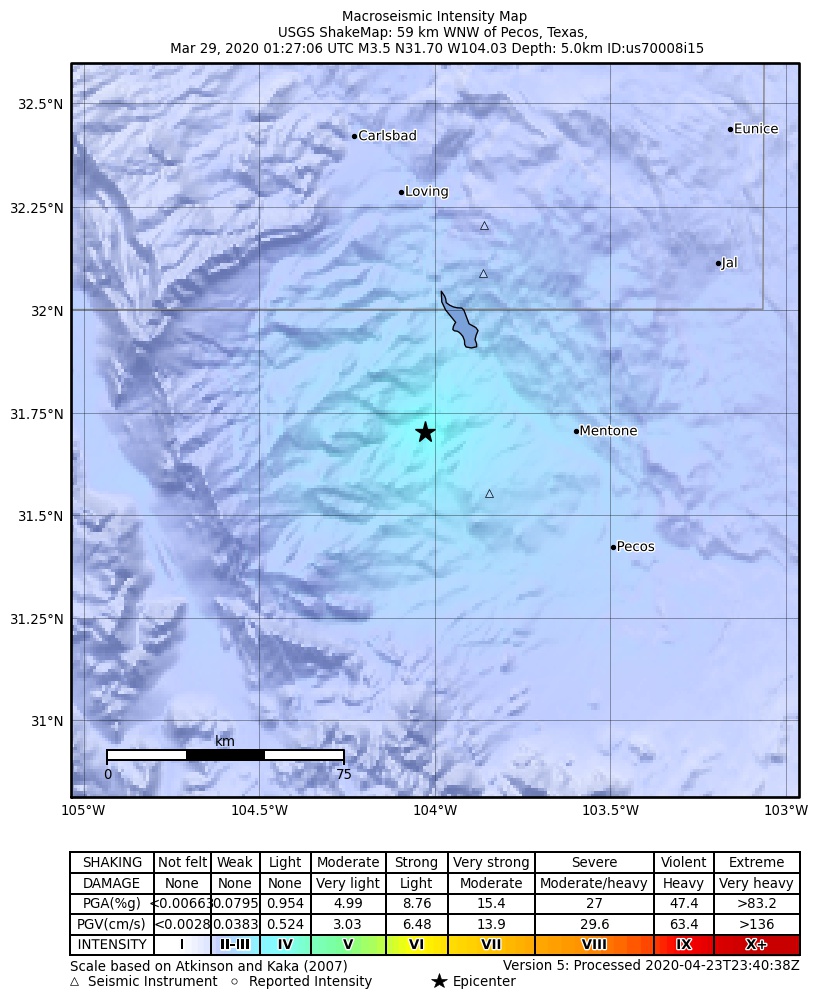 USGS ShakeMap: estimated shaking intensity around the epicenter