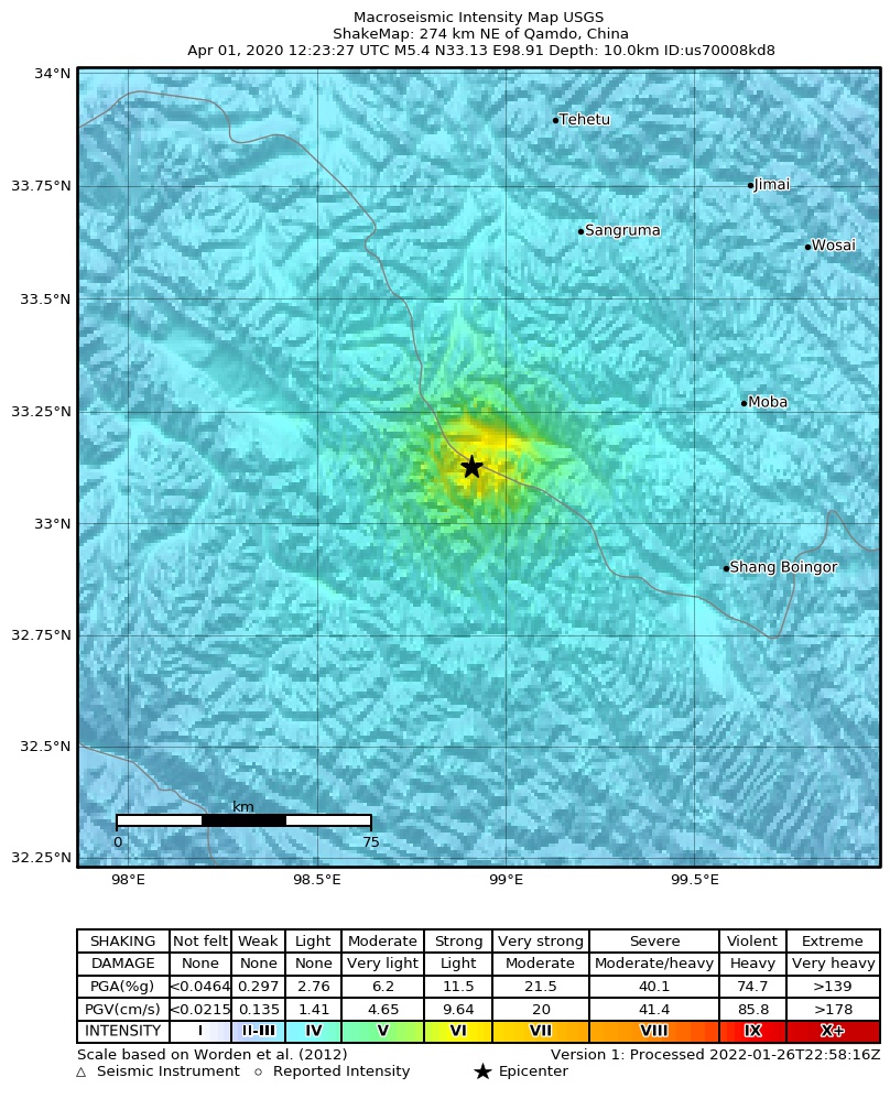 USGS ShakeMap: estimated shaking intensity around the epicenter