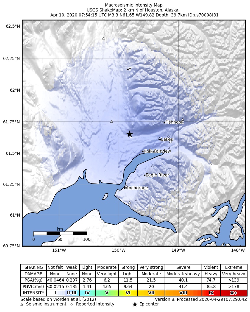 USGS ShakeMap: estimated shaking intensity around the epicenter